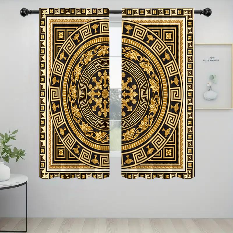 2PC Black Gold Greek Curtains, Elegant Thermal Drapes for Living Room & Bedroom, Luxury Window Panels Home Decor