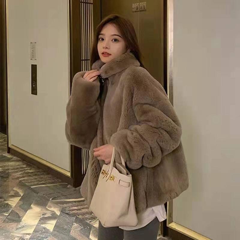 

Шуба из искусственного норкового флиса женская, новая, осенне-зимняя, свободная, пушистая, воротник-стойка, золотистый норковый флис XXL