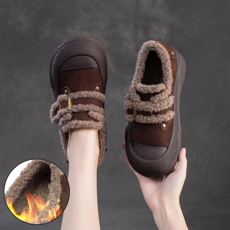 Johnature Plyšové hřejivé retro univerzální mokasíny z pravé kůže Ležérní dámské boty na ploché platformě se silnou podrážkou