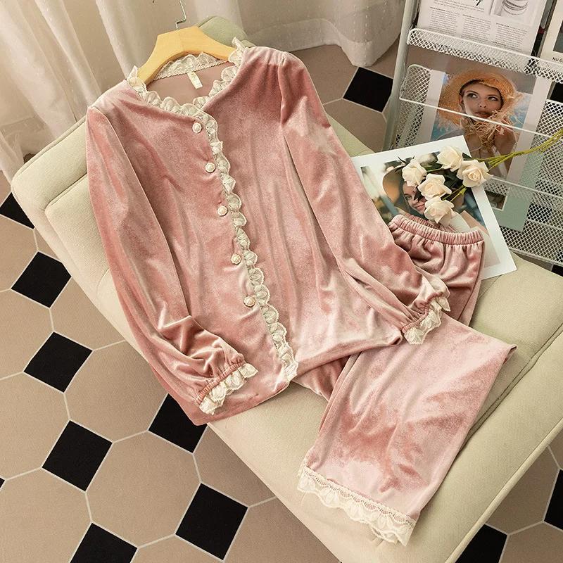 

Новые женские бархатные пижамы, пижамы для девочек, кружевные пижамы на осень-зиму, домашняя одежда, женский кардиган с длинными рукавами, домашняя одежда M