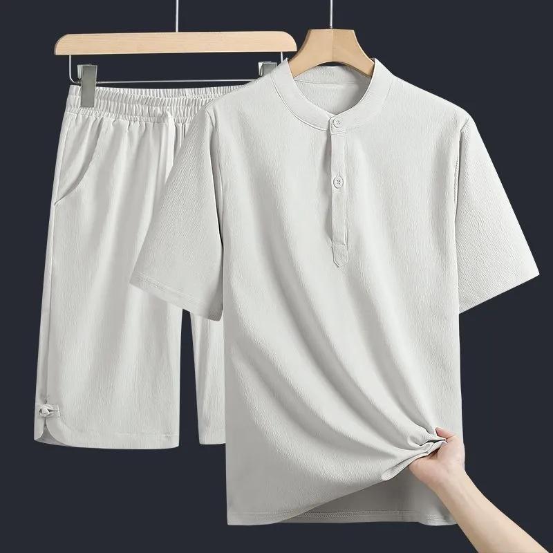 Men's Light Grey Two Piece Outfit Manin Collar Short Sleeve Top and Elastic Waist Shorts Set
