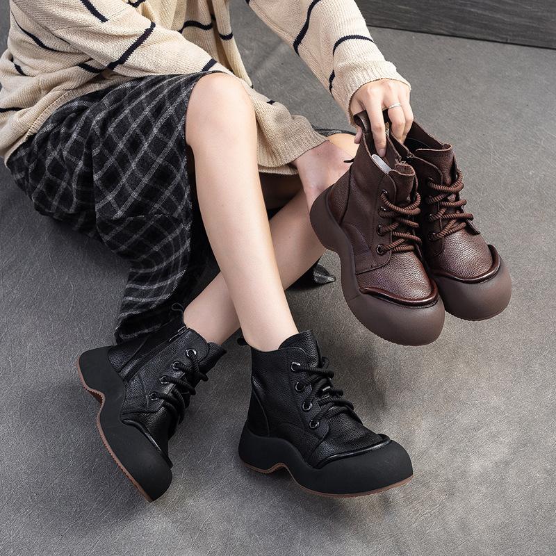 Fashion GKTINOO Genuine Leather Short Boots Casual  Women Flat Platform Shoes 2025 Autumn Winter New Thick Soled Comfortable Sneakers