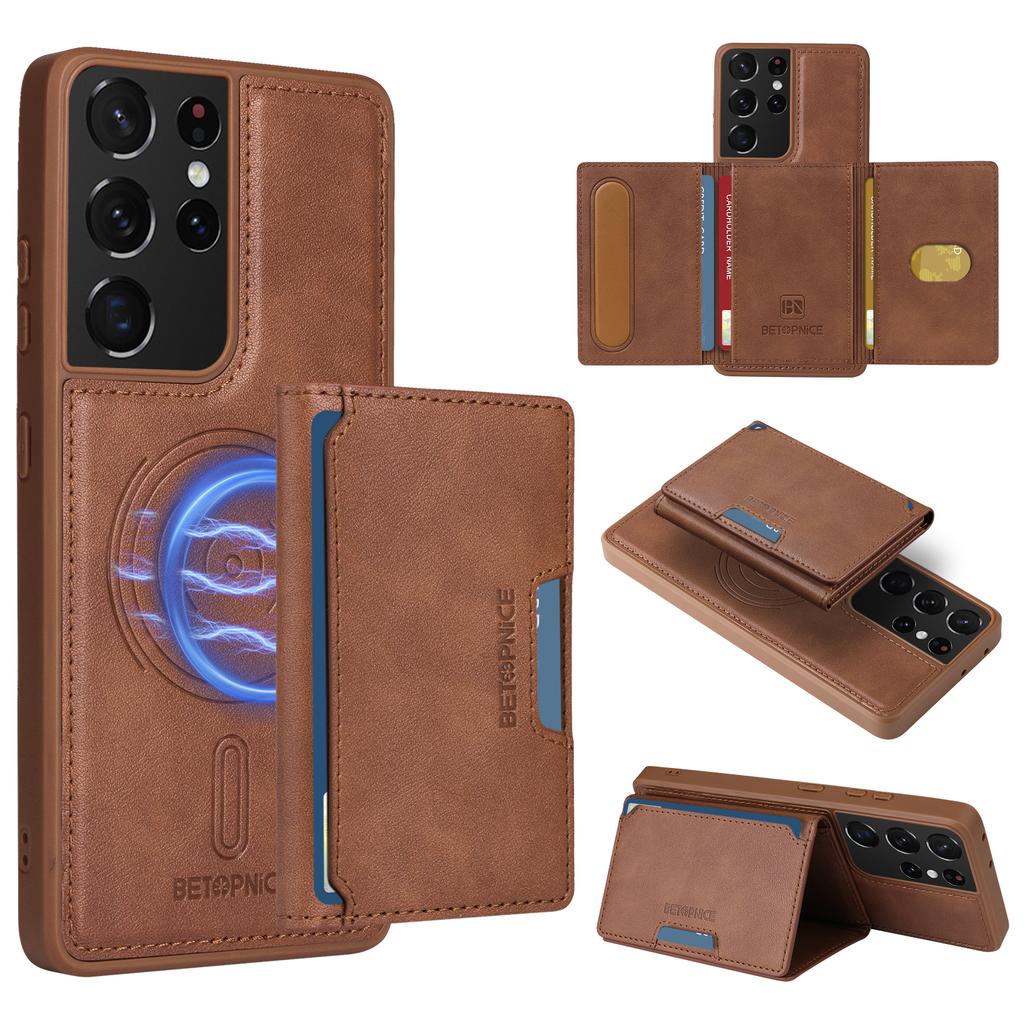 For Samsung Galaxy S21 Ultra 5G Magnetic Case BETOPNICE Leather Phone Cover Kickstand with Detachable Card Bag