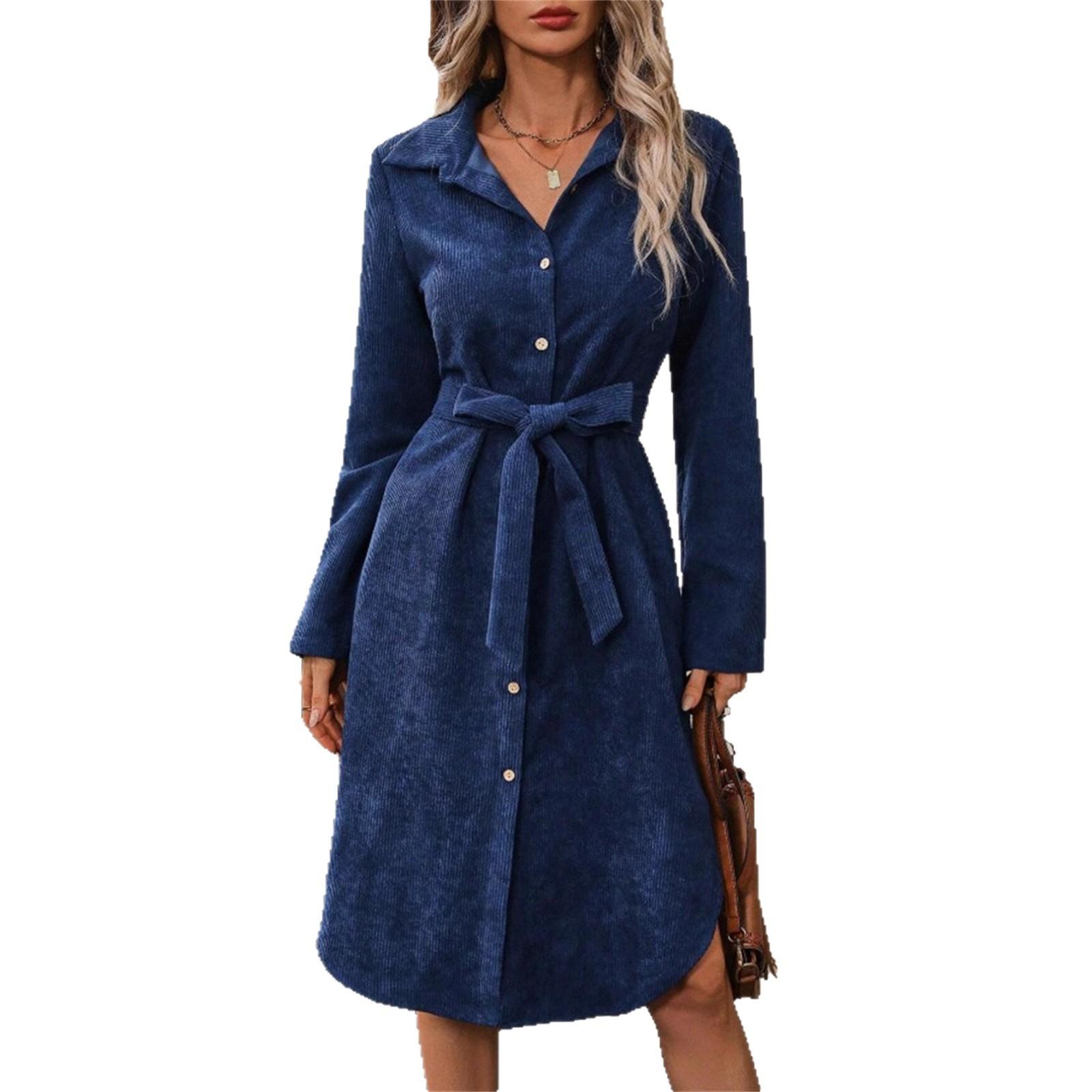 

Long Sleeved Dress with Front Open Waistband and Irregular Shirt Skirt XL темно-синий