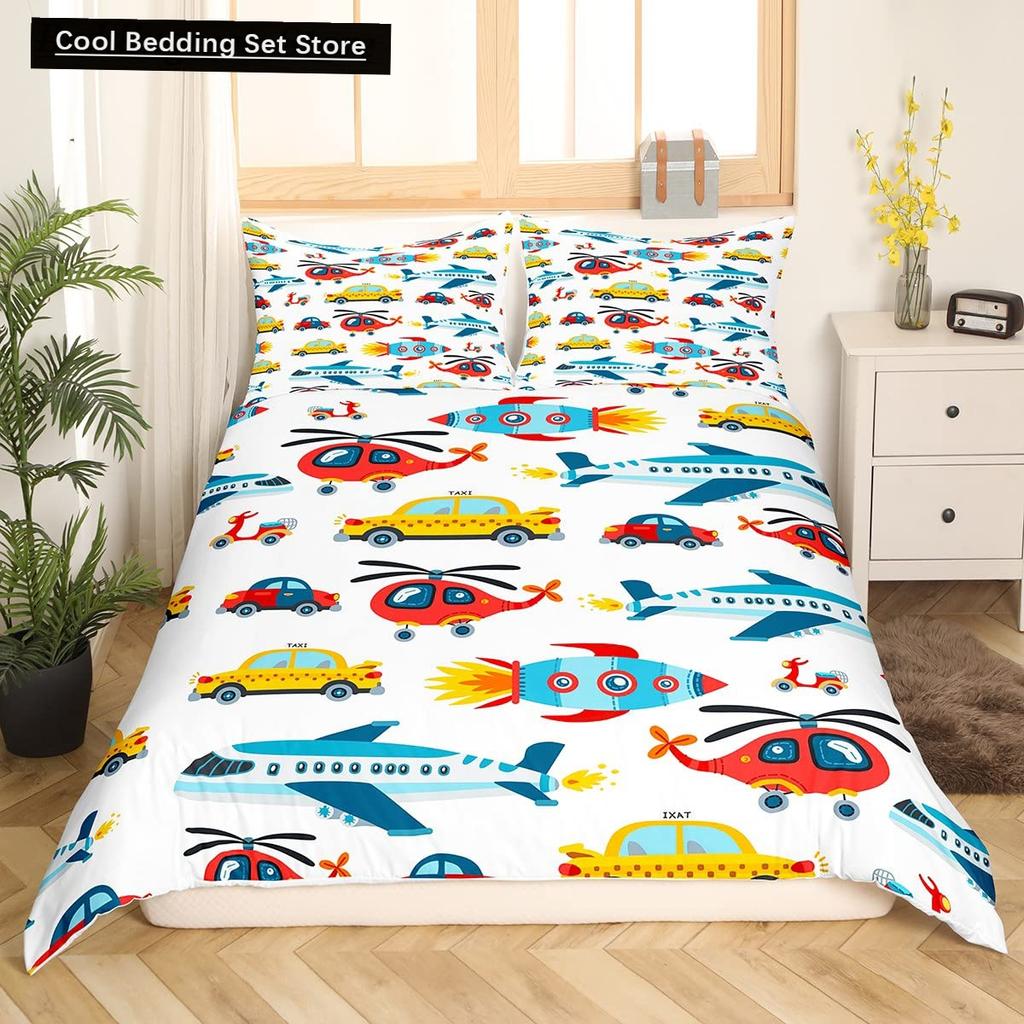 Gelbes Taxi Auto King Queen Bettbezug Jungen Cartoon Transport Bettwäscheset Rosa Stadtlandschaft Steppdeckenbezug Polyester Bettdeckenbezug