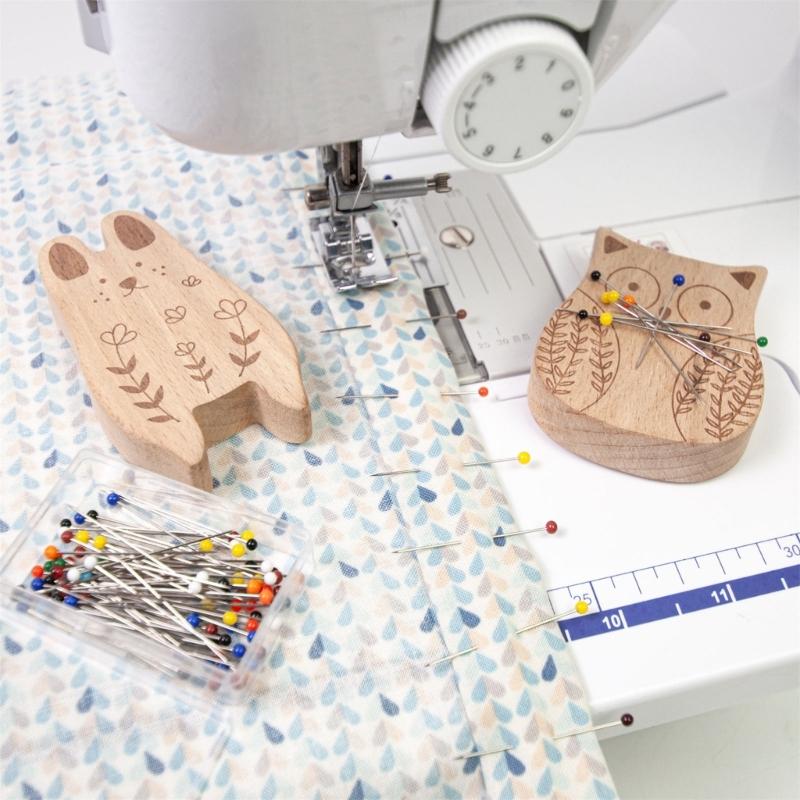 Magnetic Needle Pin Holder with 100Pcs Quilting Positioning Pin Wood Pin Cushion with 38mm Dressmaking Pin for Sewing
