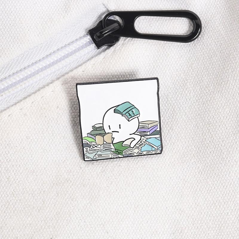 Cartoon Overwhelmed Book Lover Enamel Pin Exaggerated Figure Buried In Books Lapel Brooch Humorous Gift For Teens