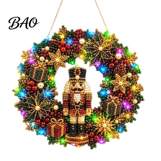 Festive Door Hanging Ornament DIY Acrylic Christmas Faux Pearl Art Kit, Lighted Wreath 3D Beaded Craft Mantelpiece Kit with LED String Light, Beginner