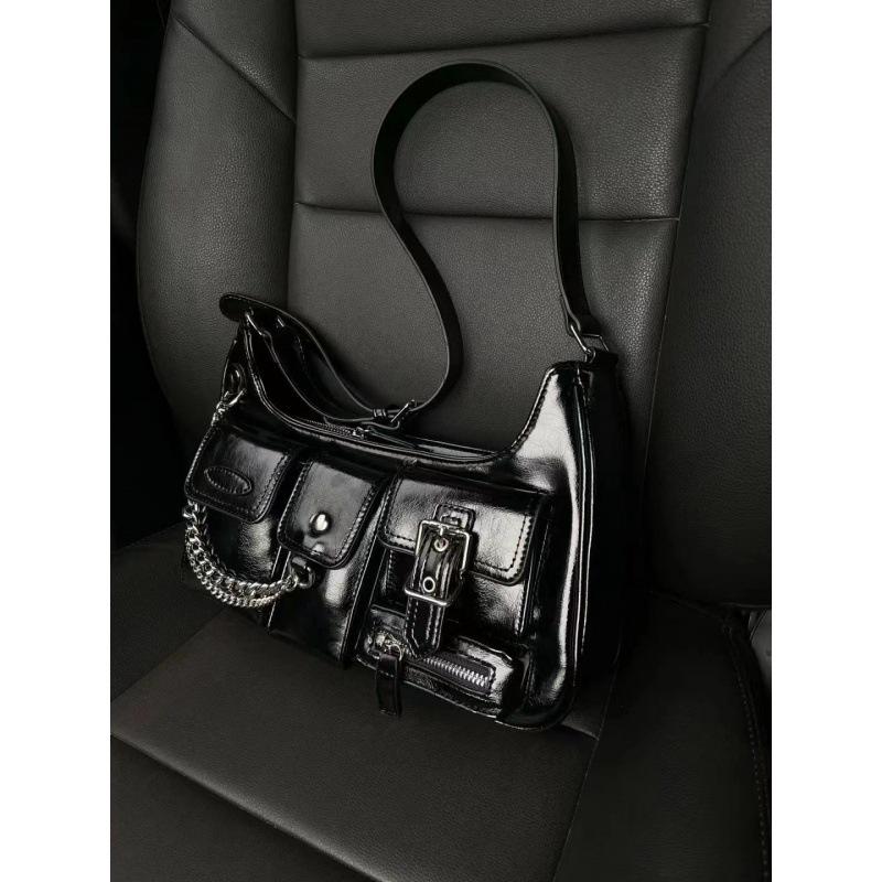 Niche Vintage Hong Kong-Style Patent Leather Motorcycle Shoulder Bag for Millennial Hot Girls