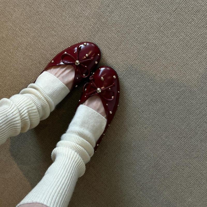 Fashion Rivet Bow Flat Shoes Autumn New Round Toe Shallow Mouth Slip-on Soft Sole Anti-Slip Wear-Resistant Single Shoes