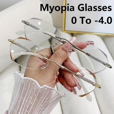 Gafas para miopía sin montura para mujer, montura de corte de diamante de lujo, gafas antiluz azul, gafas ópticas acabadas, dioptrías de 0 a-4,0