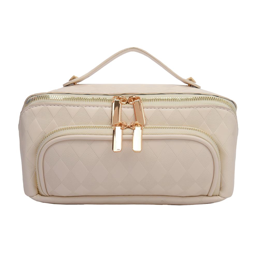 Women Makeup Organizer Bag PU Leather Makeup Storage Handbag Diamond Lattice Large Opening Makeup Bag for Home Business Trip
