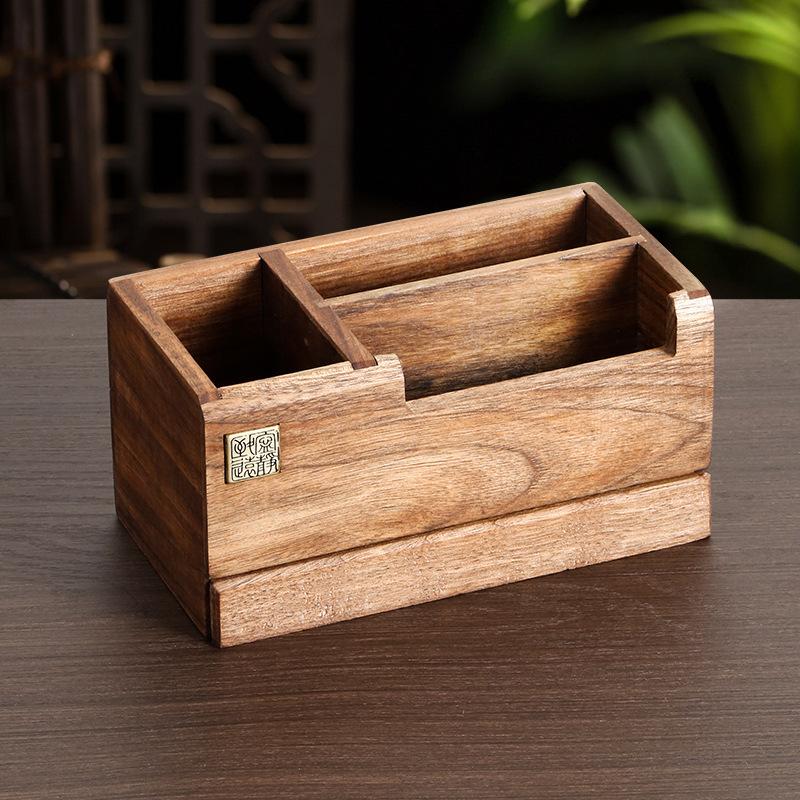 Solid Wood Pen Holder Gift Box, Retro Chinese Style Desktop Organizer