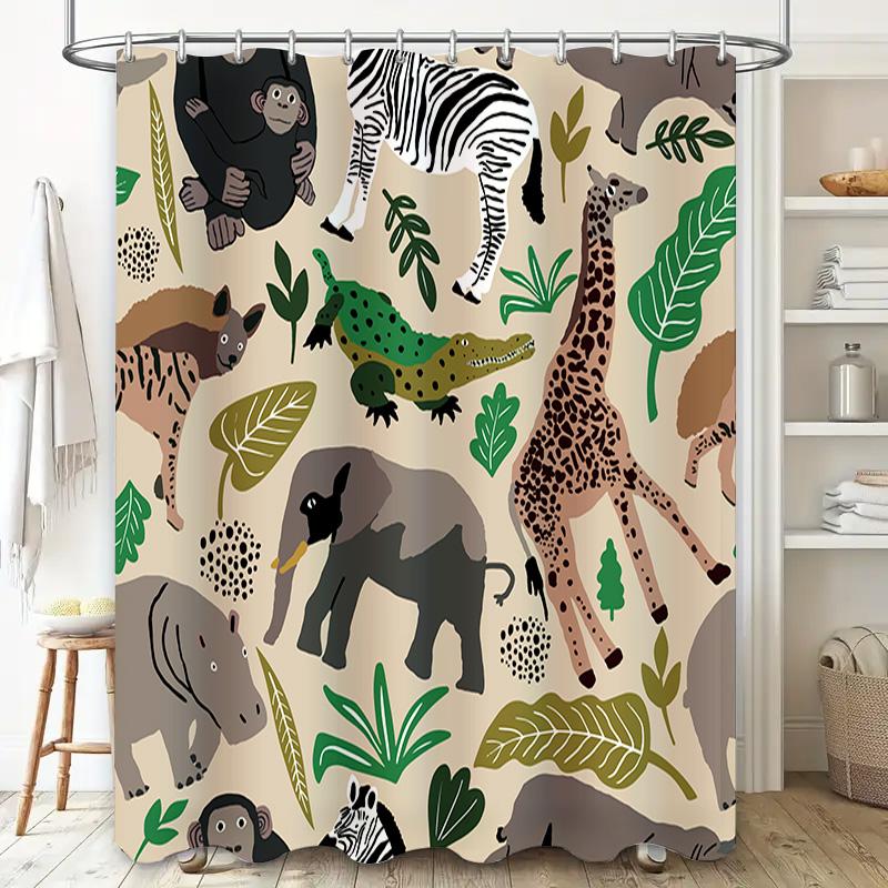 Animal Adventure Shower Curtain Jungle Safari Theme with Zebra, Giraffe Elephant Design Waterproof Fabric for Bathroom Decoratio