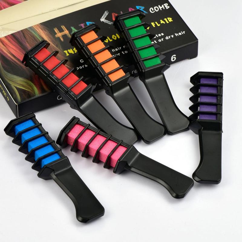 Peigne à craie pour cheveux, 6 couleurs, teinture temporaire, lavable, pour filles