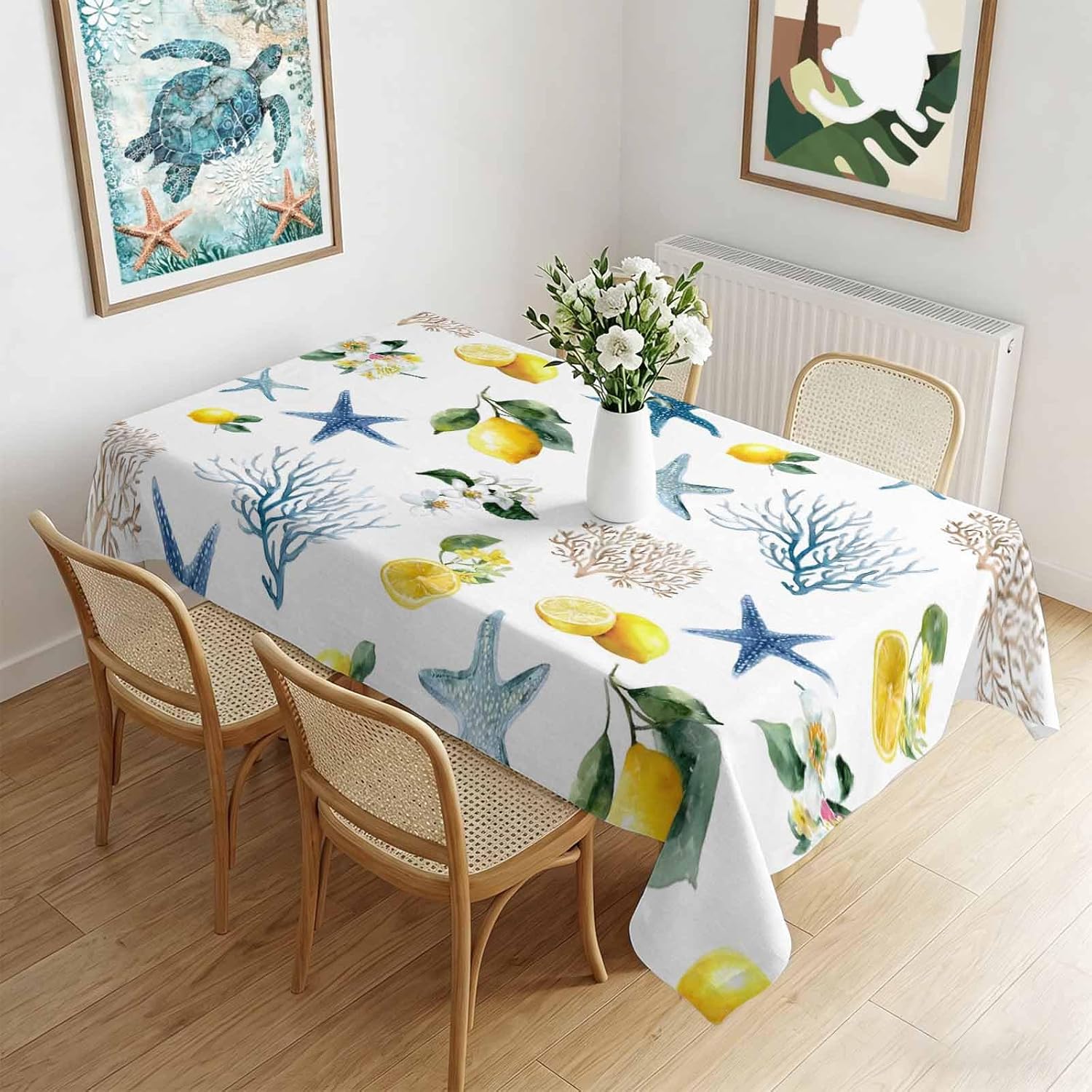 Nappe Rectangle Florale Corail Citron Fruitée d'Été pour Décor de Table Réutilisable Nappe de Table de Cuisine Salle à Manger Décor de Mariage Fête 140x200cm