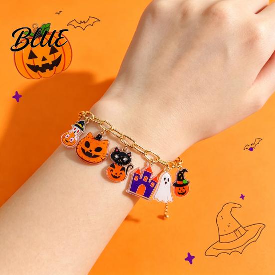 Black Cat Theme Accessory Halloween Charm Bracelets for Women Cute Spooky Pumpkin Ghost Castle Pendant Colorful Acrylic Jewelry Bracelet Adjustable