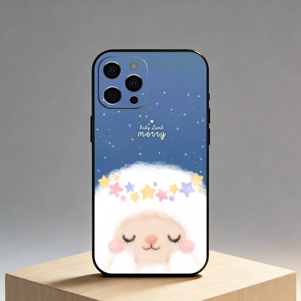 

Cartoon Lovely Sheep Phone Case For iPhone17,16,15,14,13,12 Plus,Max Soft Silicone Black Cover iPhone16pro