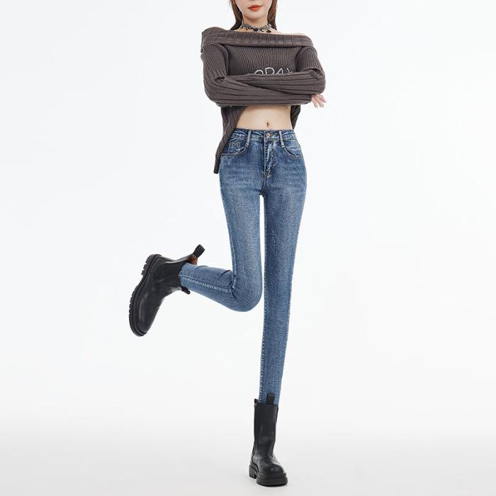 

Осенние и зимние брюки-карандаш с высокой талией, с открытой грудью, тонкие эластичные джинсы с девятью точками для женщин 32