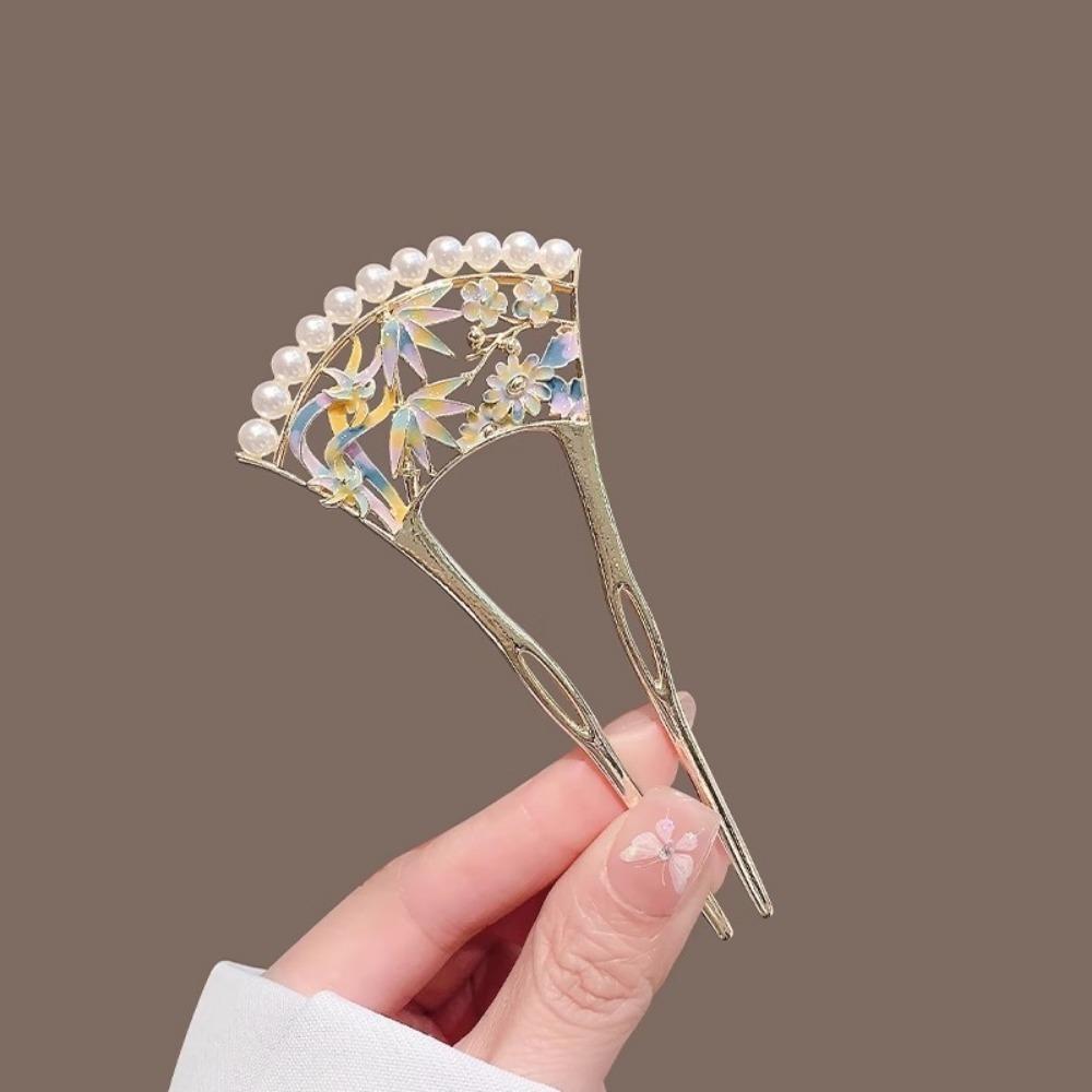 1pc Chinese Metal Hair Pin U Shaped Hair Sticks Fork Pearls Flower Leaf Designs Hairclip Women Hanfu Dress Chignon Jewelry