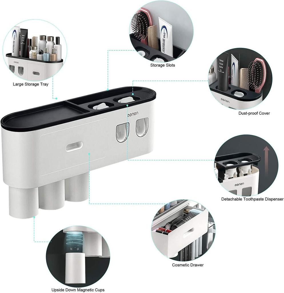 Double distributeur automatique de dentifrice avec porte-brosse à dents, grand organisateur de rangement avec 6 emplacements pour brosse à dents,