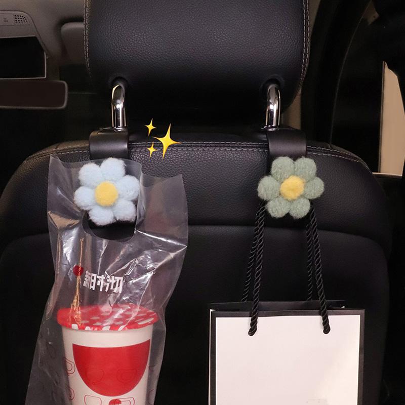 2PCS Cute Plush Flowers Car Seat Back Hooks Storage Vehicle Headrest Organizer Hanger for Groceries Bag Handbag Car Accessories