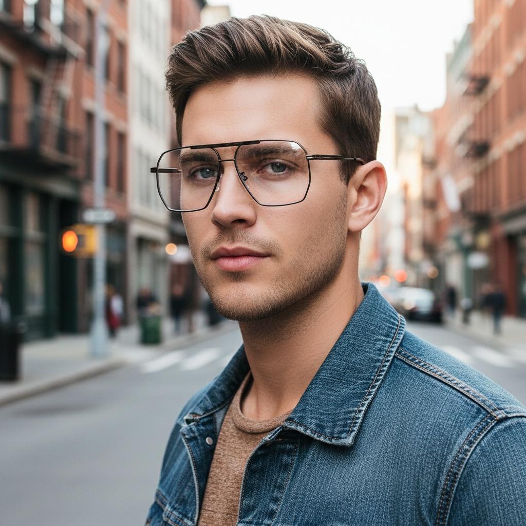 Attractive Glasses Men's Gold/Blue/Light Fashionally Stylish High-End -Rimmed Pilot Double-Barrel Eyeglass Frame With Anti- Lenses 2501