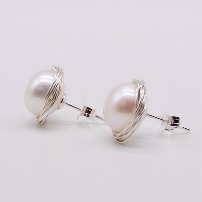 Orecchini di perle Perle d'acqua dolce naturali rotonde bianche Orecchini a bottone in argento sterling intrecciati a mano Orecchini a bottone da donna Regali per la mamma