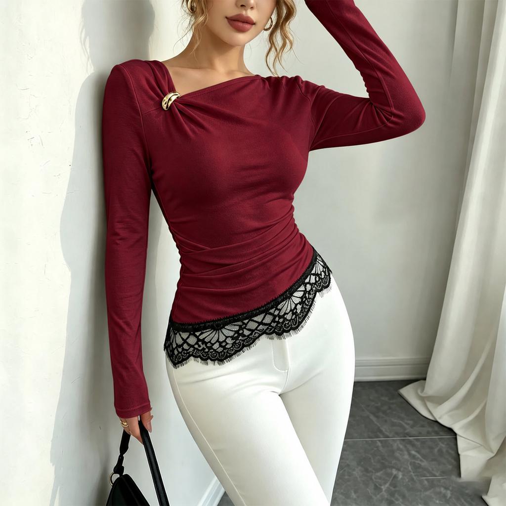 Damen-Farb-Langarm-T-Shirt mit asymmetrischem Ausschnitt, Spitzenbesatz am Saum und Akzenten