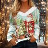 Women's Christmas Print Long Sleeve V-Neck Top with Plush Collar
