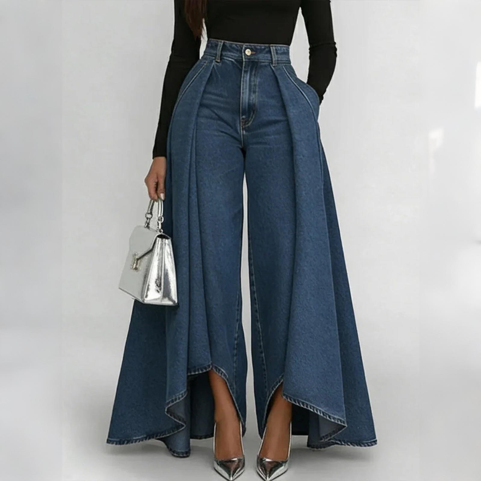 

High Waist Wide Leg Jeans for Women Loose Fit Casual Denim Pants with Extended Flared Overlay Panel Stylish Comfortable Design S