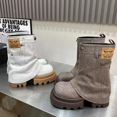 Moteriški platforminiai kaubojiški Chelsea batai iki pusės blauzdos, vidutinio kulno, dizainerio batai, nauji 2024 m. žiemos mados, motociklininkų batai, Gothic, Zapatos Femme