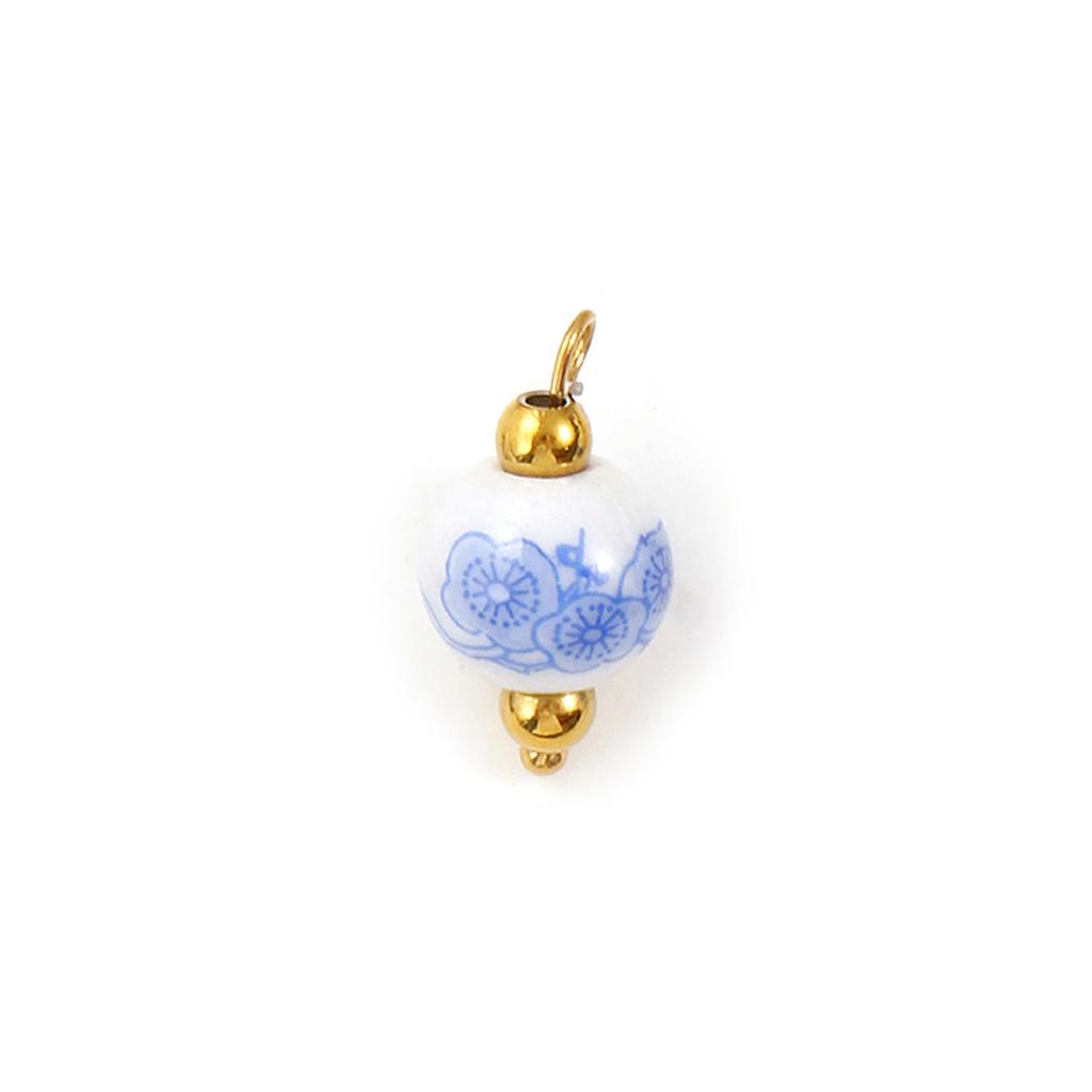 2 Pcs 304 Stainless Steel & Ceramic Charms Geometric Plum Flower Blue Printings For DIY Jewelry Necklace Earrings Keychains