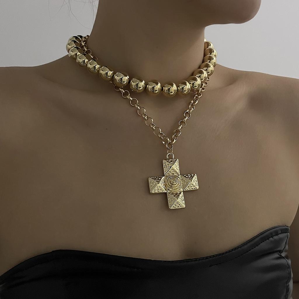 Tooxika Exaggerated Metal With Diamonds Cross Pendant Necklace Set Retro Literary Light Luxury Collarbone Chain