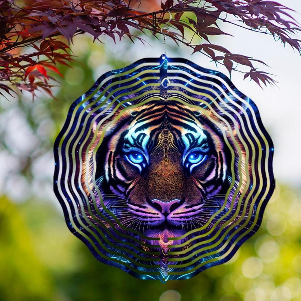 10 Inch Tiger Wind Spinner Outdoor Garden Decor with 360 Degree Rotating Hook Vibrant Blue Purple Design for Patio Lawn Yard Gift