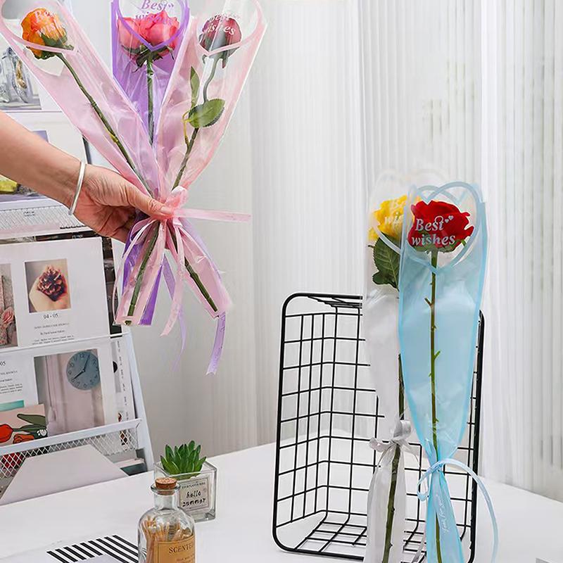 50Pcs Iridescent Single Rose Sleeves Diy Transparent Flower Wrapping Bag Floral Material Packaging Waterproof