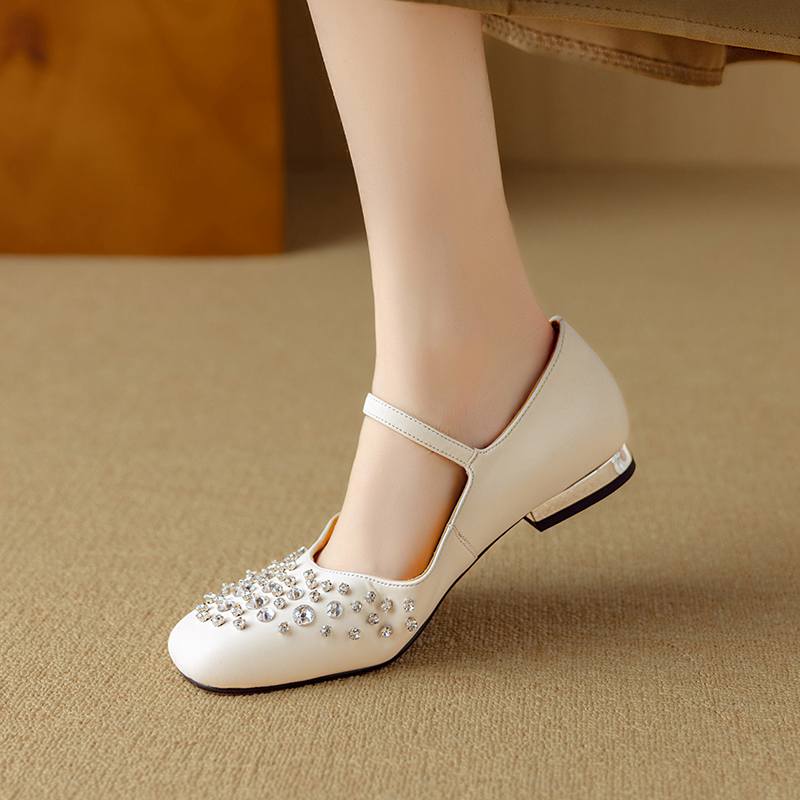 Krazing Pot Sheepskin Summer Autumn Size 40 Low Heels Crystal-studded Mary Janes Square Toe Gladiator Shallow Pumps