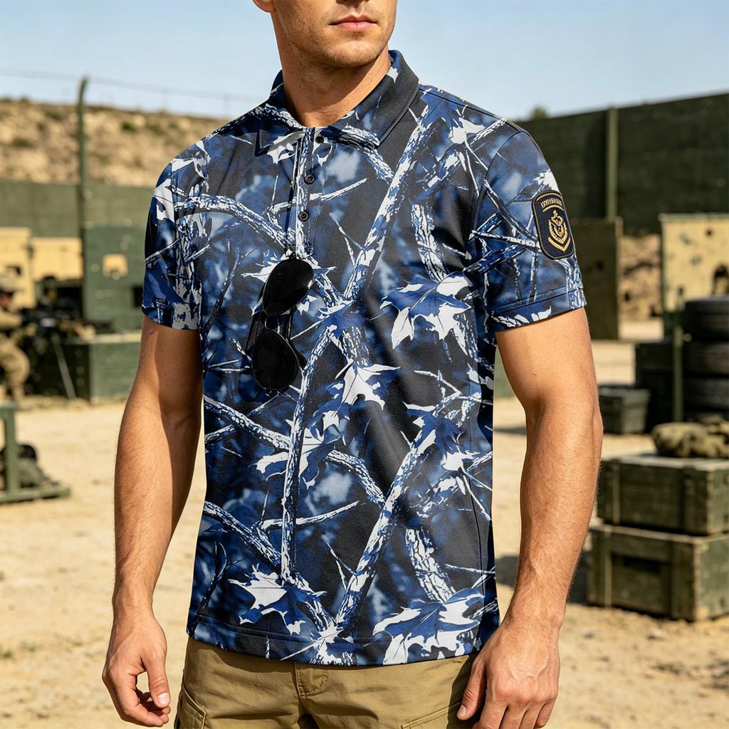 Men's Tactical Short Sleeve Polo Shirt Loose Fit Breathable Outdoor Quick Dry Camouflage Print with Magic Tape Patch Area