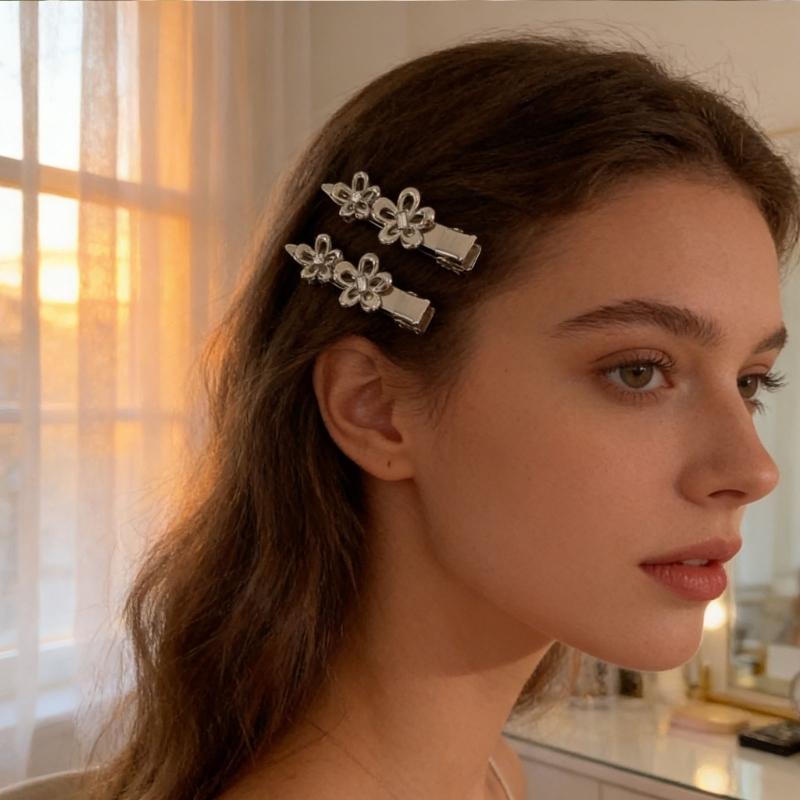 Punk Barrettes Hair Clip Floral Sweet Metallic Flower Flat Clip Hairpin Flower Floral 2000s Hair Clip for Bunches