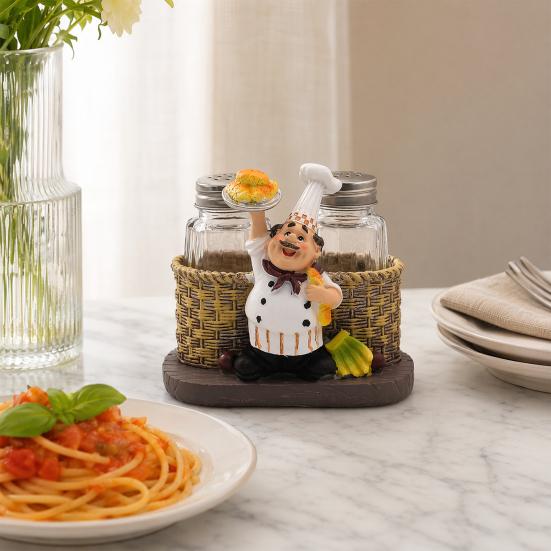 DYS Salt And Pepper Shakers Set, Decorative Resin Chef Statue Spice Organizer, Glass Seasoning Holder for Kitchen Dining Centerpiece