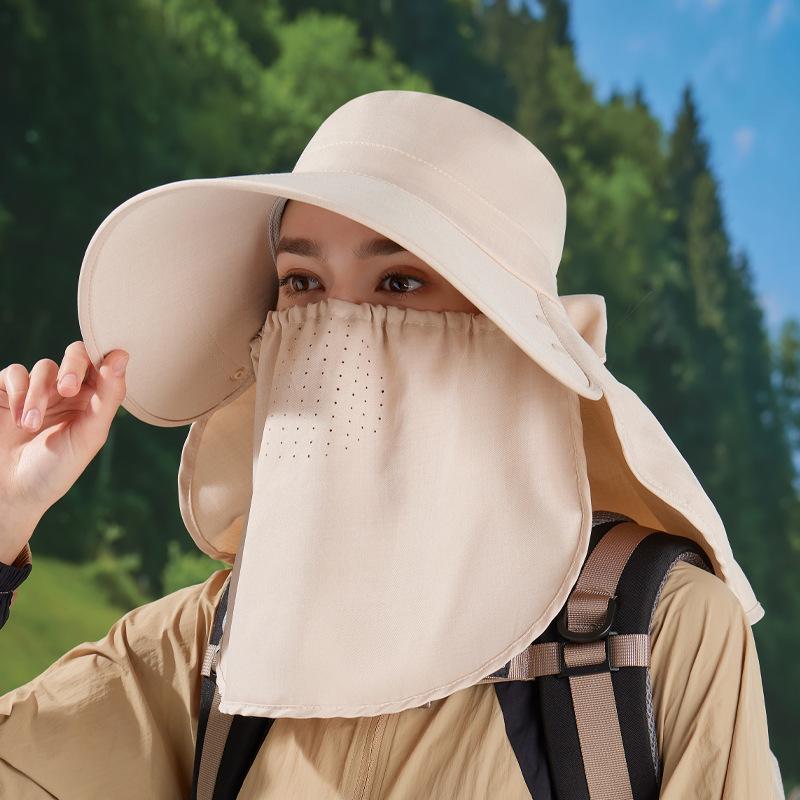 Summer Sun Protection Hat Women's Big Brim Shawl Neck Protection Sun Hat Breathable Face Mask Can Be Ponytail Bucket Hat