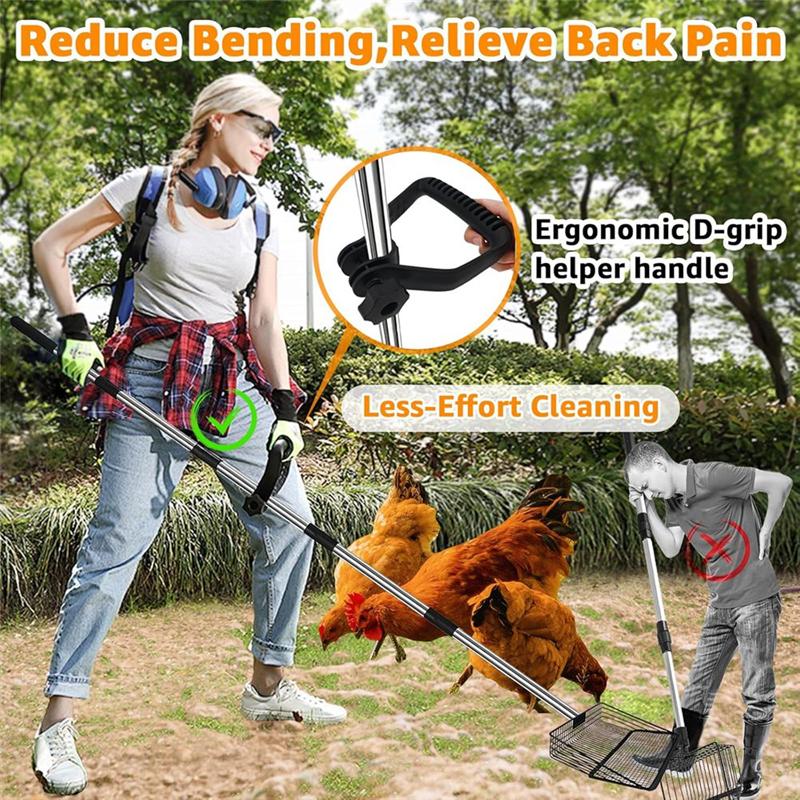 ABNO-Chicken Poop Scooper, 5 In 1 Adjustable Chicken Coop Pooper Shovel Stainless Steel Sifting Shovel With Ergonomic Grip