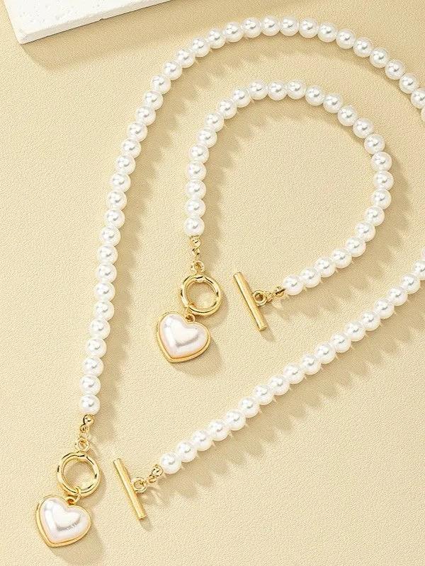 Pearl Heart OT Clasp Necklace Bracelet Set