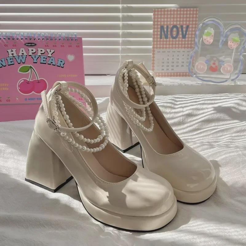 

Туфли подружки невесты «Французская фея» с жемчугом «Мэри Джейн» на высоком каблуке — водонепроницаемая платформа с одной пряжкой, толстый каблук Size 38