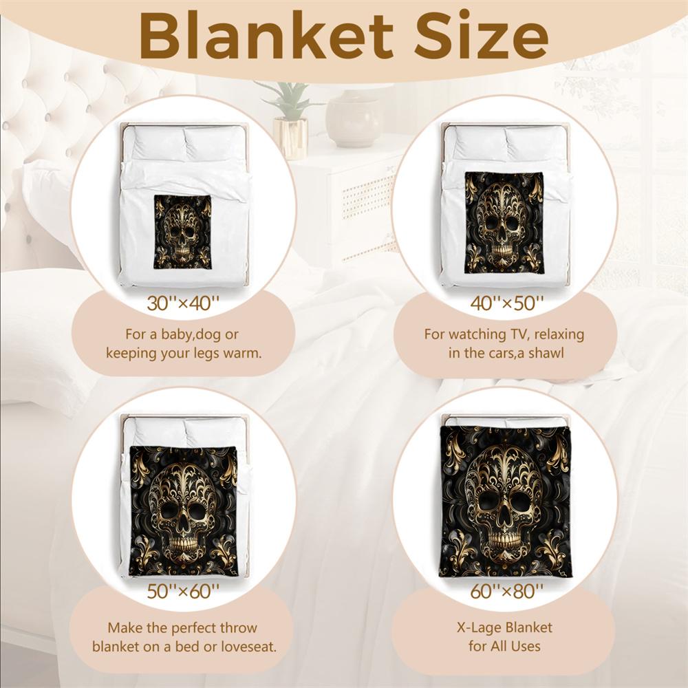 Black and Gold Skull Blanket Soft Cozy Warm Winter Flannel Throw Blanket All Seasons for Sofa Bed Room Decor
