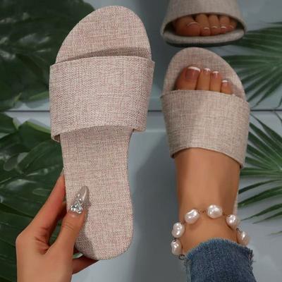 Women's Wide Width Slide Sandals - Flat Sole Slippers Solid Color Summer Casual Beach Flip Flops, Comfortable House Slides with Arch Support