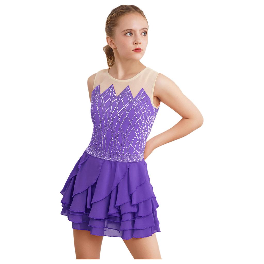 Girls Figure Skating Dress Round Neck Sleeveless Shiny Rhinestones Tiered Ruffled Dancewear