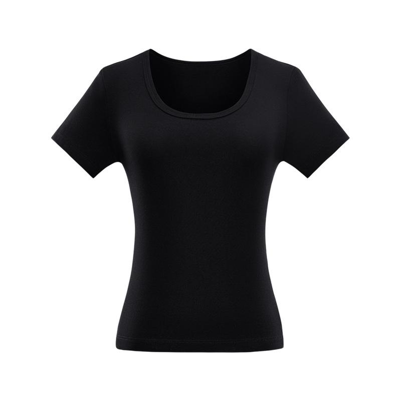 Women's Slim-Fit U-Neck T-Shirt: Trendy Summer 2025 Style, Solid Color, True Shoulder, Elastic, Short Sleeves, Thin Fabric.