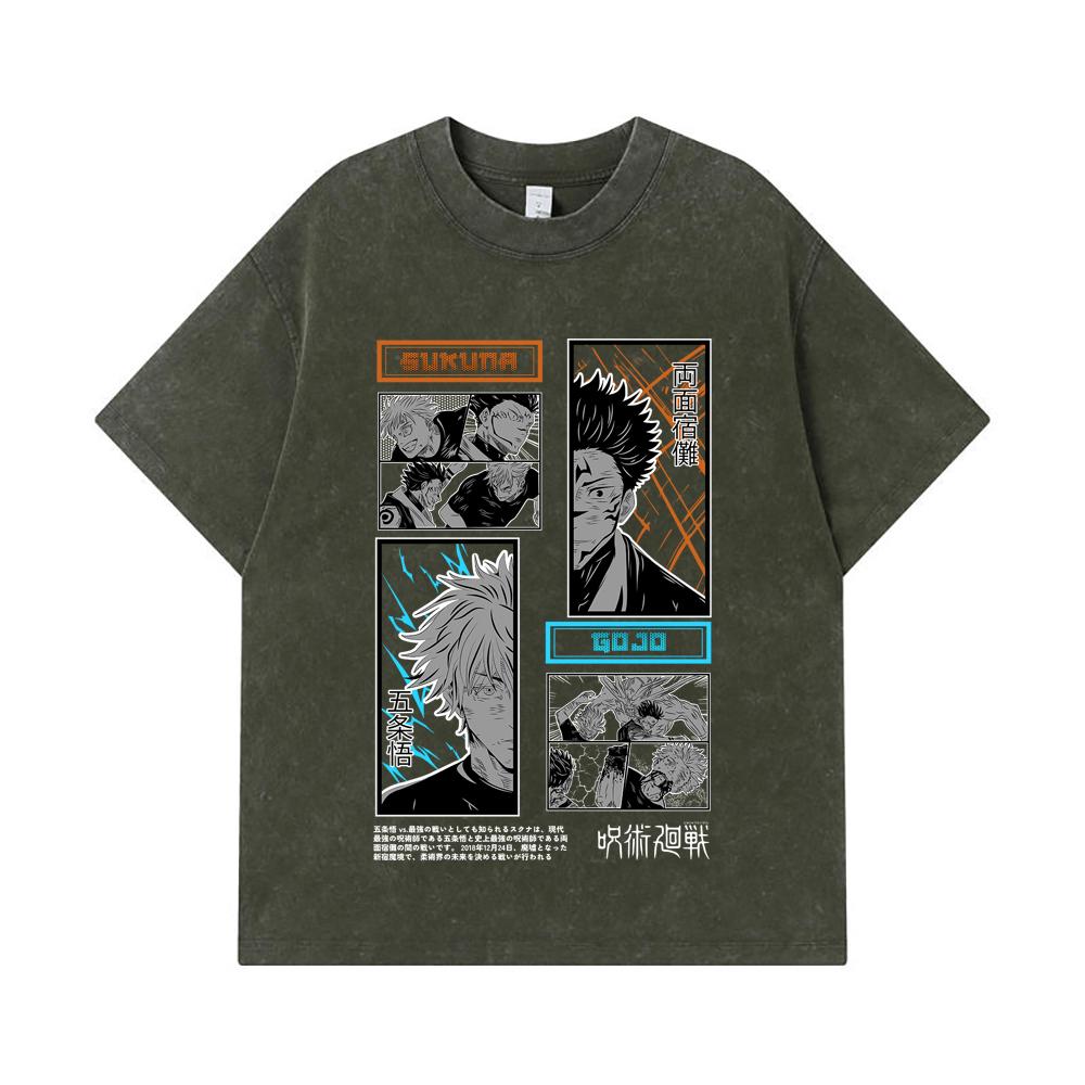 

275 GSM Washed T-shirts 100% Cotton Jujutsu Kaisen V33 Gojo Sukuna Print Unisex Heavy Cotton T Shirt S армия зеленый