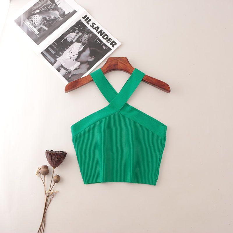 American Fashion Brand Cross Hanging Neck Cami Summer Rib Solid Sexy Short Knitted Top Women